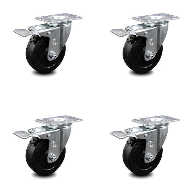 4 Inch Soft Rubber Swivel Top Plate Caster Set with Total Lock Brake SCC
